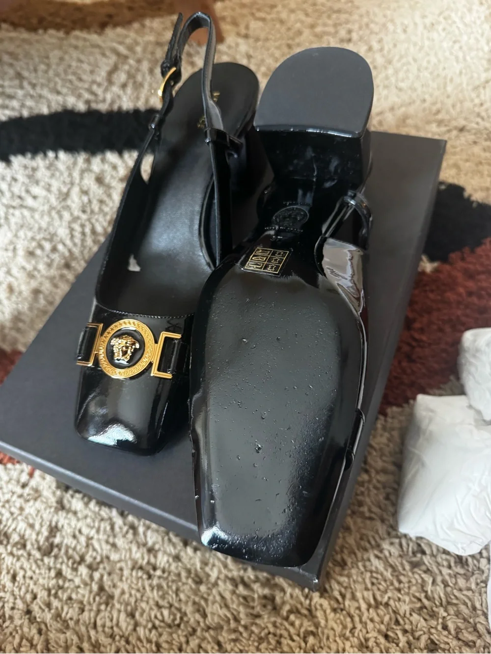 Versace Black Patent Slingback Pumps with Gold Medallion Detail